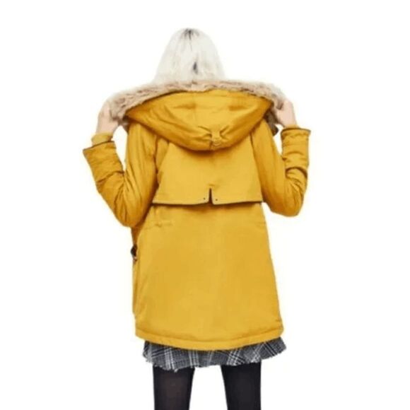 NWOT Zara Water Resistant Mustard Yellow Faux Fur Quilted Parka Jacket - Picture 2 of 10